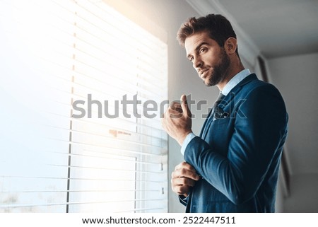 Thinking, business man and button sleeve to prepare for corporate work, event or formal fashion by window. Clothes, morning and person with suit cufflink, ready or dressed with view or vision in home