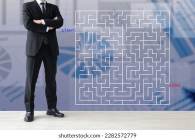 Thinking business man and maze with START and GOAL words - Shutterstock ID 2282572779