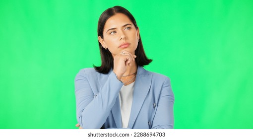 Thinking, business and woman on green screen for ideas, questions and brainstorming. Female model, serious worker and daydream of solution, decision and planning memory, choice and visionary mindset - Powered by Shutterstock