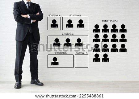 Thinking businessman with human pictogram and section, personnel transfer images