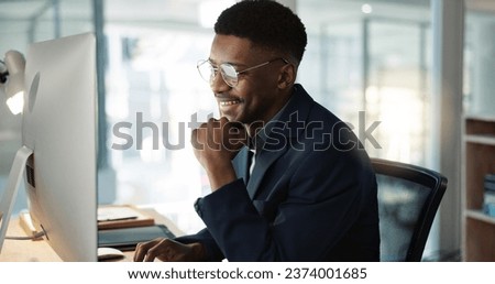 Thinking, businessman and reading on computer with a smile in office for email, feedback or communication. Working, online or black man with research, inspiration or ideas from Nigeria report or news