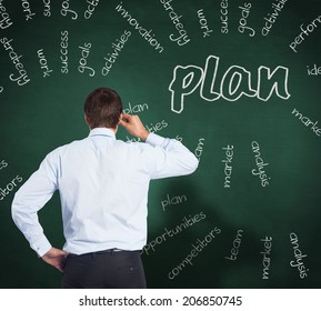 Thinking businessman tilting glasses against green chalkboard with business buzzwords - Shutterstock ID 206850745
