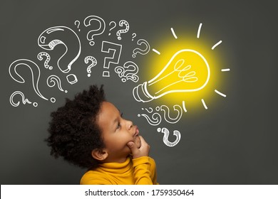 Thinking child and light bulb, brainstorming and idea concept