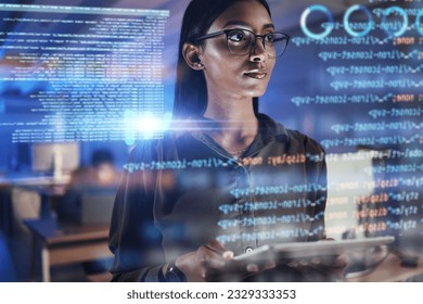 Thinking, code hologram and woman with tablet data analysis, digital technology and software overlay at night. Programmer or Indian person with 3d screen, programming stats and cybersecurity research