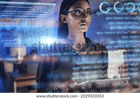 Thinking, code hologram and woman with tablet data analysis, digital technology and software overlay at night. Programmer or Indian person with 3d screen, programming stats and cybersecurity research