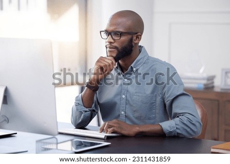 Thinking, computer and business man for IT solution, problem solving and online news, feedback or decision. Information technology, idea and software review of african person on desktop pc in startup