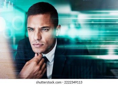 Thinking, computer coding and cyber businessman programming big data, stock market finance and digital software. Programmer, blockchain and security analytics, fintech management and trading database