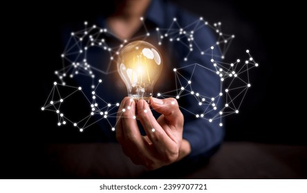 thinking and creative concept, Close up the light bulb and woman working on the desk, Creativity, and innovation are keys to success,  new idea and innovation with Brain and light bulbs,big data
