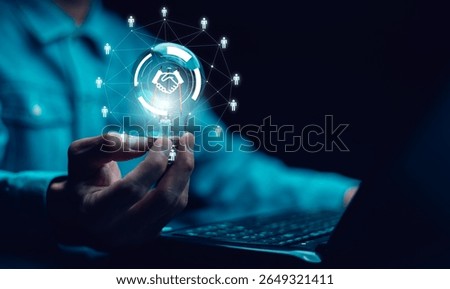 thinking and creative concept, Close up the light bulb and woman working on the desk, Creativity, and innovation are keys to success,  new idea and innovation with Brain and light bulbs,big data