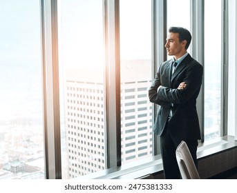 Thinking, crossed arms and businessman in office by window for ideas, brainstorming or planning. Reflection, memory and professional male lawyer dreaming for future career by glass in workplace. - Powered by Shutterstock