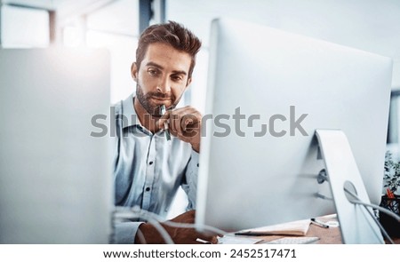 Thinking, developer and man on computer for software, news research and web design programming. Startup, designer and programmer coding in office for cybersecurity digital network and problem solving