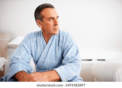 Thinking, elderly man and relax in bedroom for rest, nostalgia and thoughtful at home. Remember, senior person and past memories in morning for retirement plan, reflection and mindfulness in Canada - Powered by Shutterstock