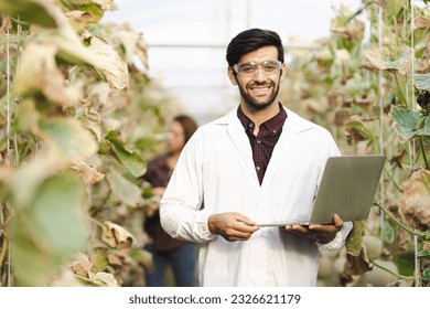 Thinking farmer with digital tablet checking sustainable farming growth, progress or preparing farm export order on tech. Serious man, gardener or greenhouse environmental scientist on a rural