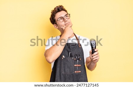 thinking, feeling doubtful and confused, with different options, wondering which decision to make. barber concept
