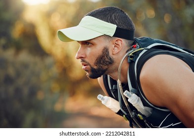 Thinking, Focus And Outdoor Running Man Challenge, Breathing And Tired From Fitness Trail In Australia. Sports Athlete Nature Hiking, Training And Mental Motivation With Strong Mindset For Wellness