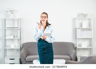 Thinking Funny Student Young Businesswoman Holding Note Book Or Notepad In Office. Secretary Girl.