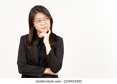 Thinking Gesture Of Beautiful Asian Woman Wearing Black Blazer Isolated On White Background