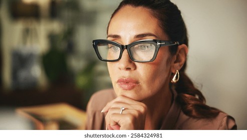 Thinking, glasses and reading with business woman in office for art critic, blog article inspiration and reflection. Galley opinion, writer and brainstorming review with person in media agency