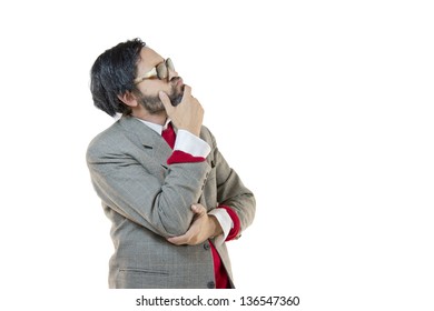 Thinking Good-for-Nothing man, looking above, evaluating, isolated over white background, with clipping path