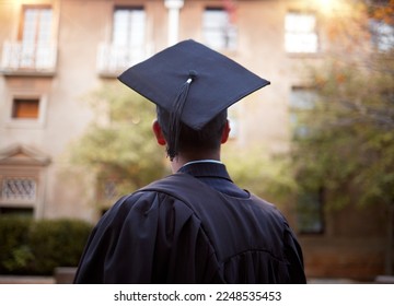 Thinking graduate, man or vision on university campus, college event or school graduation ceremony and future goals. Graduation cap, robe or student with education, learning or employment opportunity