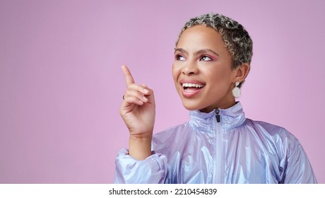 Thinking, Idea And Happy Black Woman In Studio With Mockup Space With A Solution. Happiness, Smile And Young African Model With A Positive Thought, Insight Or Question With Purple Background.