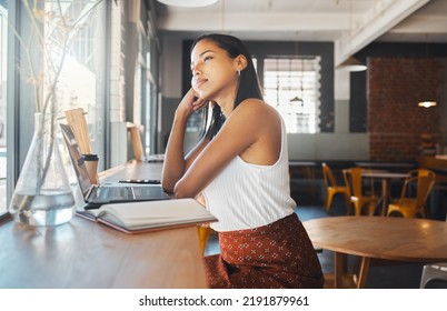 Thinking, Idea And Planning Woman, Writer Or Entrepreneur With A Laptop And Notebook Dreaming Of Career Growth, Development And Future Plans. Freelancer At A Coffee Shop For Internet Blog