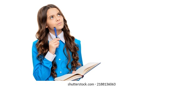 Thinking Kid Solve Mathematical Problem Holding School Book Isolated On White. Portrait Of Schoolgirl Student, Studio Banner Header. School Child Face, Copyspace.