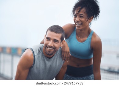 Thinking, laughing and people in morning for exercise, wellness and training together. Man, woman and happy for athlete on promenade for health, support and fitness or cardio for sport in Los Angeles - Powered by Shutterstock