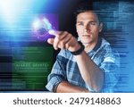 Thinking, man and coding in office with hologram, choice and selection at night. Technology, digital overlay and male programmer with access for cybersecurity, futuristic programme and software