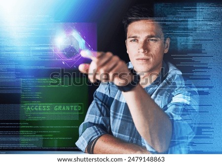 Thinking, man and coding in office with hologram, choice and selection at night. Technology, digital overlay and male programmer with access for cybersecurity, futuristic programme and software