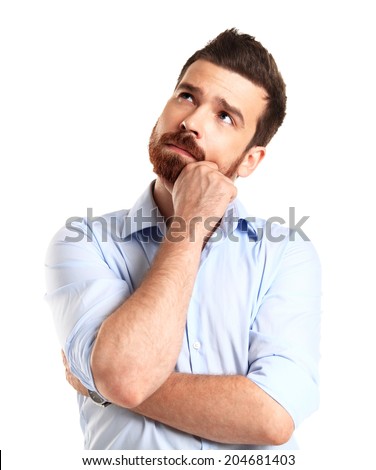 Thinking man isolated on white background. Closeup portrait of a casual young pensive businessman looking up at copyspace. Caucasian male model. 