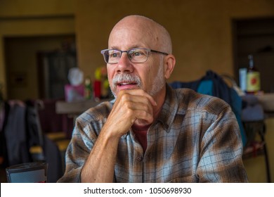 Thinking Man Portrait Inside Plaid Caucasian Glasses Bald Beard White Gray Older Smart Intelligent