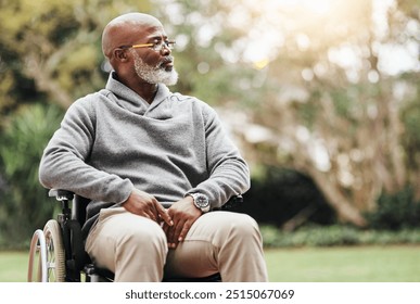 Thinking, nature and elderly black man in wheelchair with memory, remember or reflection in outdoor park. Planning, dreaming and senior African person with disability in retirement in garden or field - Powered by Shutterstock