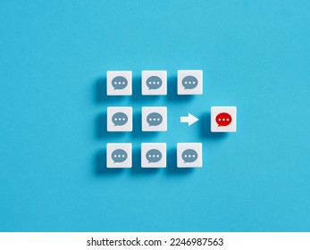 Thinking outside the box. Excluding radical or unacceptable thoughts or speeches. Distancing from the mainstream thoughts. Different vision and perspective. Speech bubble icons on white blocks. - Shutterstock ID 2246987563