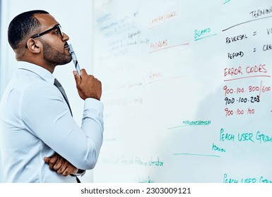 Thinking, planning and business man on whiteboard brainstorming, ideas and numbers or math problem solving. Accountant or African person reading data, accounting solution and finance target on board - Powered by Shutterstock