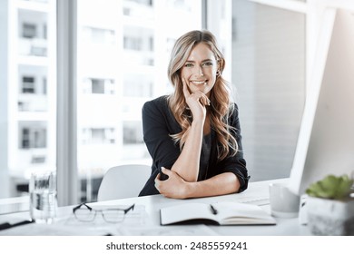 Thinking, portrait and woman in office, computer and happy with research, online and journalist on desk. Company, digital and reporter with notebook for editing of story for blog, news and writing - Powered by Shutterstock