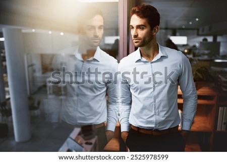 Thinking, reflection and man at window in office with business plan for growth, development and ideas. Inspiration, insight and businessman at glass with vision, opportunity and daydream at agency
