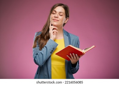 Thinking School Teacher Woman With Eyes Closed Holding Book. Isolated Advertising Portrait.