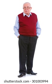 Thinking Senior Old Teacher Man With Glasses, Holds Hands In Pockets, Cardigan Marsala Color And Shirt, Isolated On White Background. Human Emotions, Facial Expressions. Education Concept