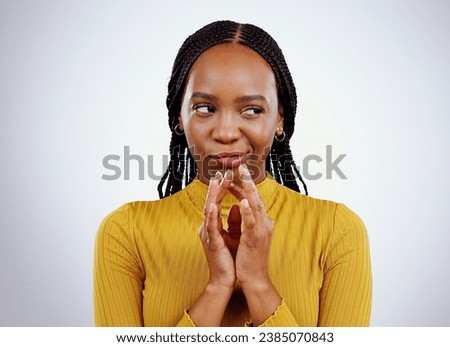 Thinking, smirk and black woman with scheme hands in studio for evil, planning or revenge on grey background. Plotting, villain and African female model with steeple emoji for brainstorming idea
