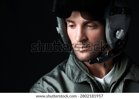 Thinking, soldier and pilot with man in studio for army militant, war officer and aerial combat expert. Airspace mission, aviator and space with person on black background for vision and idea