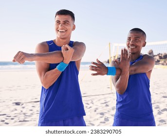 Thinking, stretching or happy men at beach for volleyball exercise, training match or workout game. Fitness, sports or team in muscle warm up, preparation or ready to start activity or competition - Powered by Shutterstock