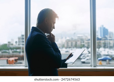 Thinking, tablet and business man problem solving for vision, decision and salesman planning research in office. Digital tech, dream and corporate professional with idea and inspiration for project