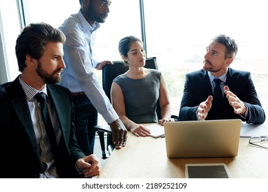 Thinking, Talking And Leadership Team Collaboration Of Business Workers In A Boardroom Meeting. Serious Office Group Work Together On Finance Strategy. Corporate Investment Team Working On A Project