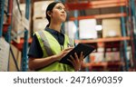 Thinking, warehouse and woman on tablet for inspection, inventory and online stock. Manufacturing, distribution and person on digital tech for logistics, maintenance and supply chain list in factory