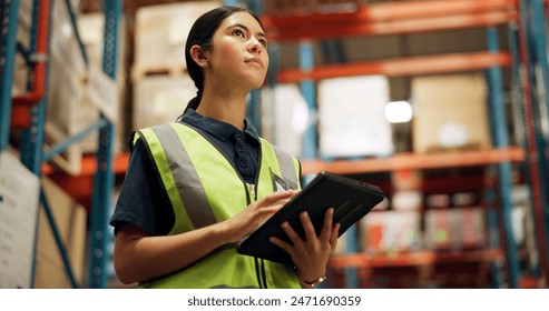 Thinking, warehouse and woman on tablet for inspection, inventory and online stock. Manufacturing, distribution and person on digital tech for logistics, maintenance and supply chain list in factory - Powered by Shutterstock