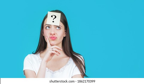 Thinking Woman With Question Mark. Doubtful Girl Asking Questions To Himself. Paper Notes With Question Marks.