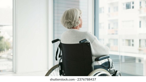 Thinking, woman in wheelchair and window in nursing home or person with disability in the hospital with depression or mental health. Depressed, sad and elderly person with.alzheimer or dementia - Powered by Shutterstock