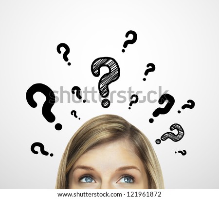 thinking women with question mark on white background
