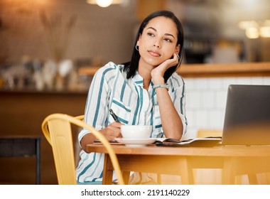 Thinking, Wondering And Planning Woman Having A Coffee While Working Remotely On Laptop At Cafe. Freelance Female Writer Daydreaming, Thinking About A Career Change During Tea Break At A Coffee Shop